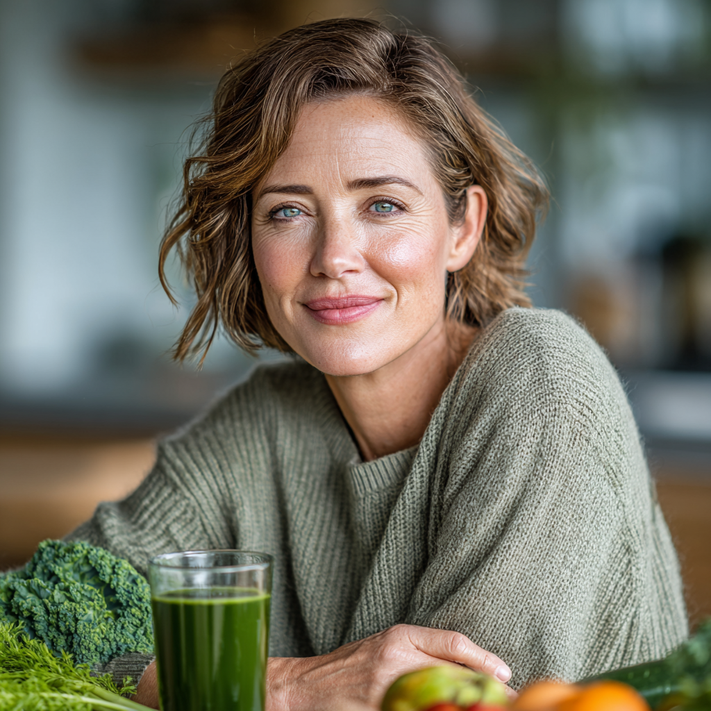 Confident middle-aged woman in her late 40s with short brown hair, wearing a light green sweater, sitting at a modern kitchen counter with fresh vegetables and fruits, smiling naturally while holding a glass of green smoothie. Natural lighting from large windows creates a warm, welcoming atmosphere in a contemporary home kitchen setting.