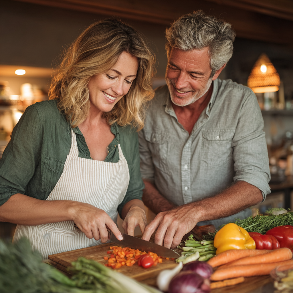 Happy middle-aged couple in their early 50s cooking together in a bright modern kitchen. The woman has shoulder-length blonde hair and the man has graying temples. They are both wearing casual clothing - she in a white apron over a emerald green blouse, he in a light gray shirt. They are smiling while preparing fresh vegetables together, with colorful ingredients spread across a wooden cutting board. Warm natural lighting creates an inviting, domestic atmosphere.